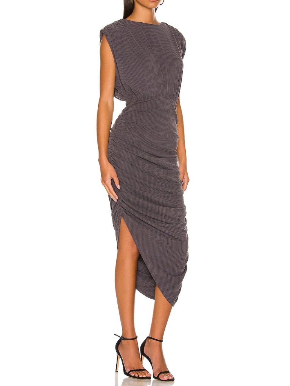 Line & Dot Ribbed Ruched Midi Dress Gray L NWT Cap Sleeve Asymmetrical Hem